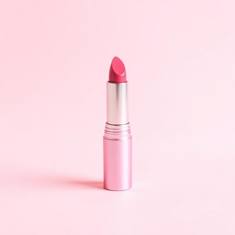 Batom matte rosa em pé sobre fundo rosa claro